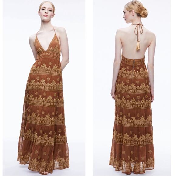Alice + Olivia Karolina Embroidered Gold and Camel Tiered Maxi Dress Size 12 - Picture 1 of 11